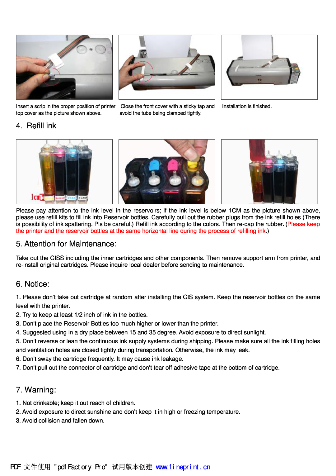 Canon IP 1000 manual Refill ink, Attention for Maintenance 