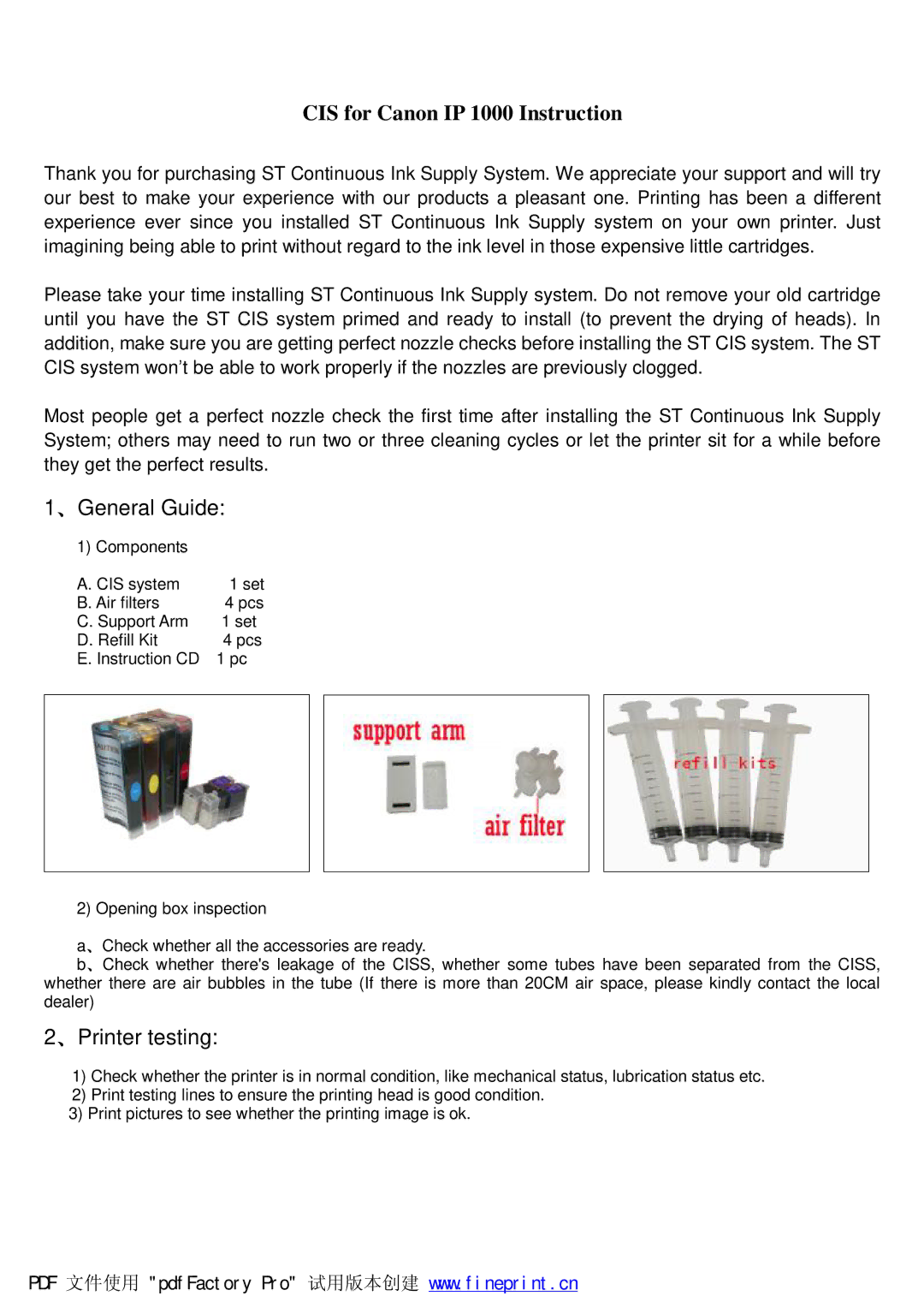 Canon IP 1000 manual 、General Guide, 、Printer testing 