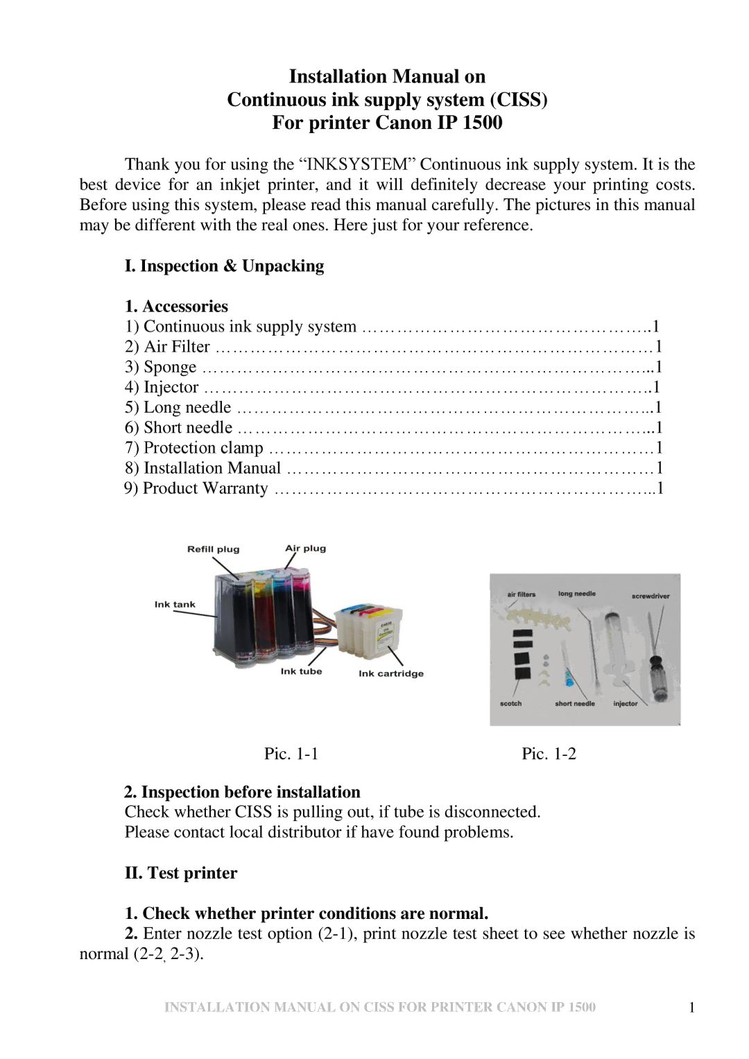 Canon IP 1500 installation manual Inspection & Unpacking Accessories, Inspection before installation 