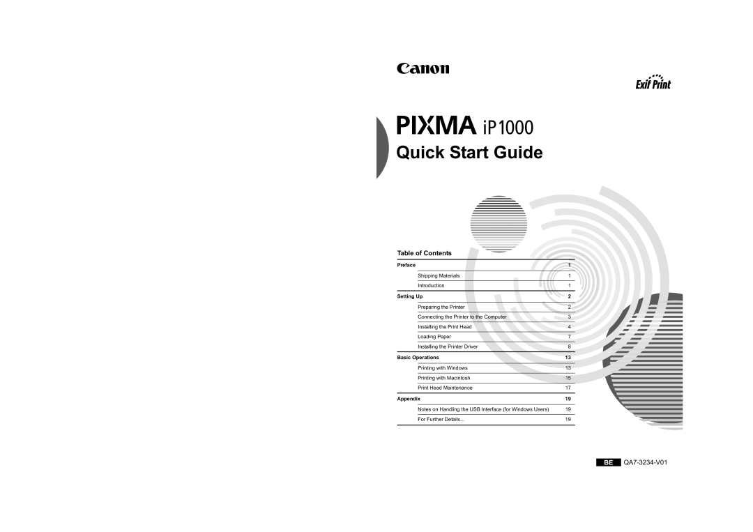 Canon IP1000 quick start Quick Start Guide, Table of Contents, BE QA7-3234-V01, Preface, Setting Up, Basic Operations 
