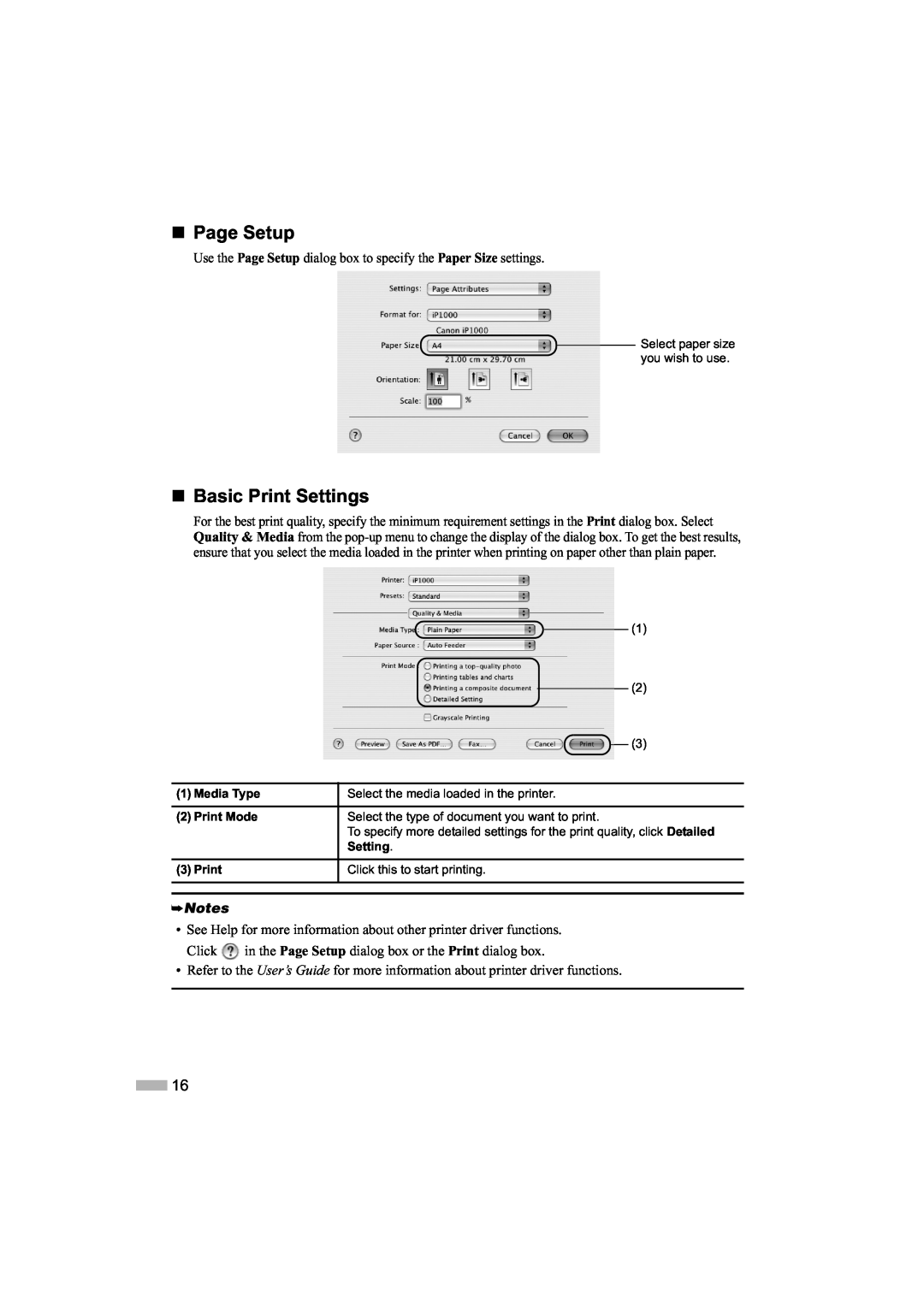 Canon IP1000 „ Page Setup, „ Basic Print Settings, Use the Page Setup dialog box to specify the Paper Size settings 
