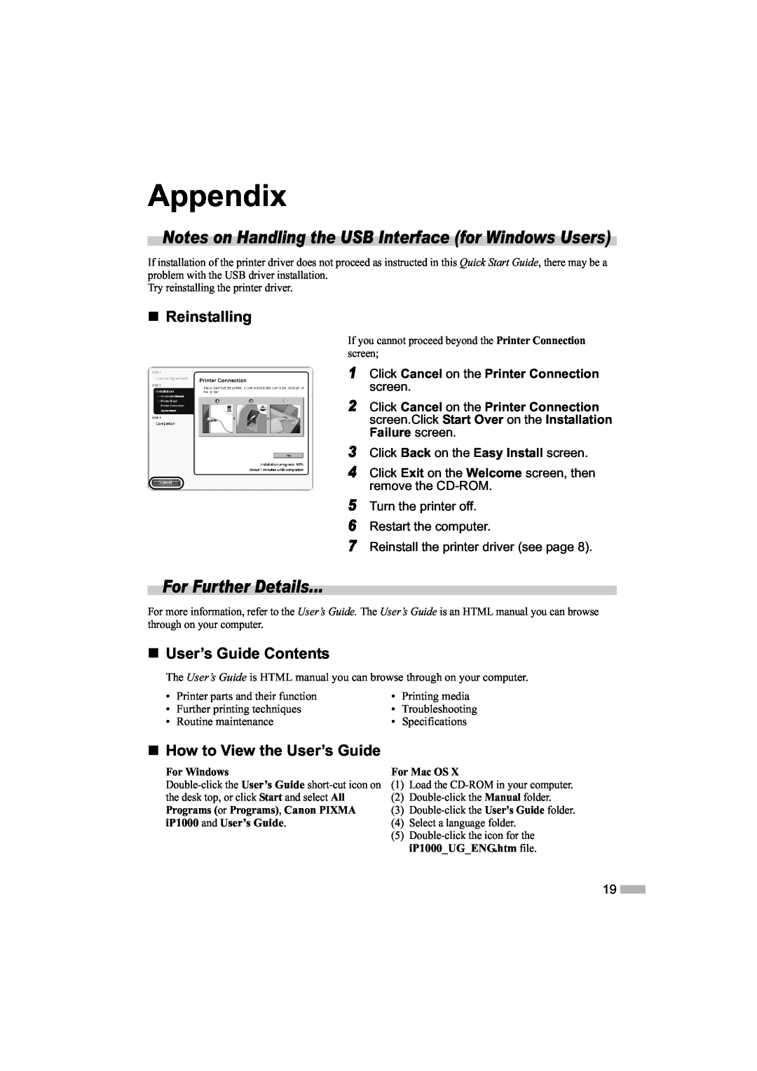 Canon IP1000 Appendix, For Further Details, „ Reinstalling, „ User’s Guide Contents, „ How to View the User’s Guide 