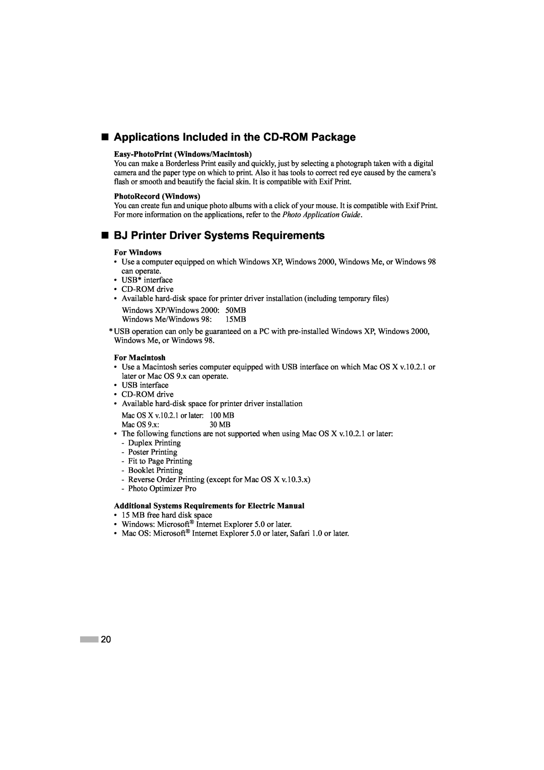 Canon IP1000 „ Applications Included in the CD-ROM Package, „ BJ Printer Driver Systems Requirements, PhotoRecord Windows 
