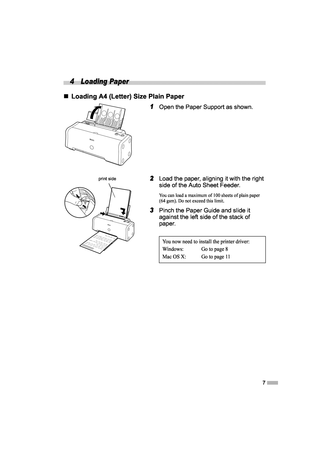 Canon IP1000 quick start Loading Paper, „ Loading A4 Letter Size Plain Paper 