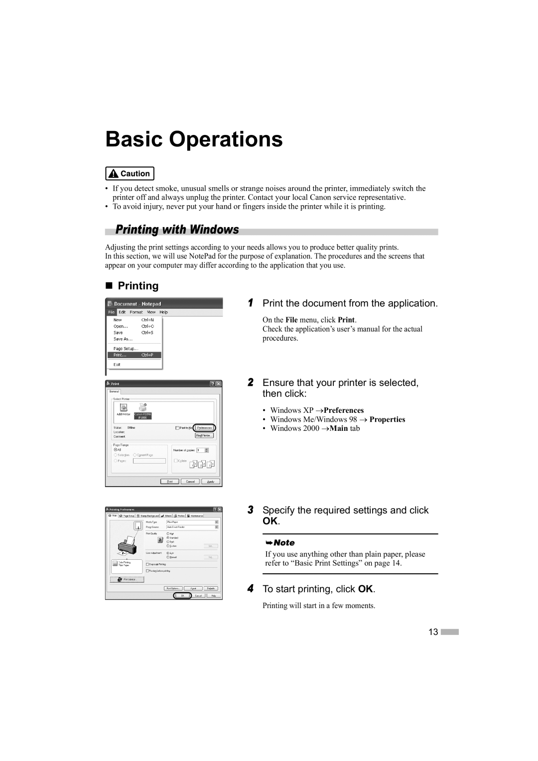 Canon IP1000 quick start Basic Operations, Printing with Windows, „ Printing 