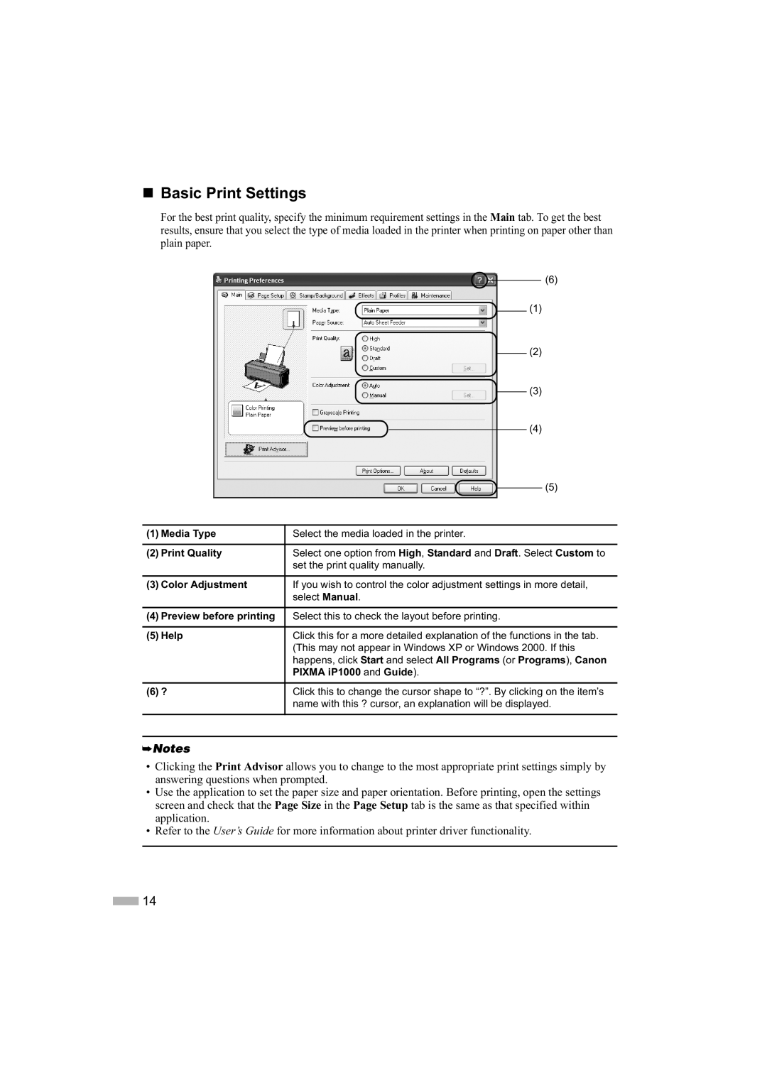 Canon IP1000 quick start „ Basic Print Settings, Print Quality 