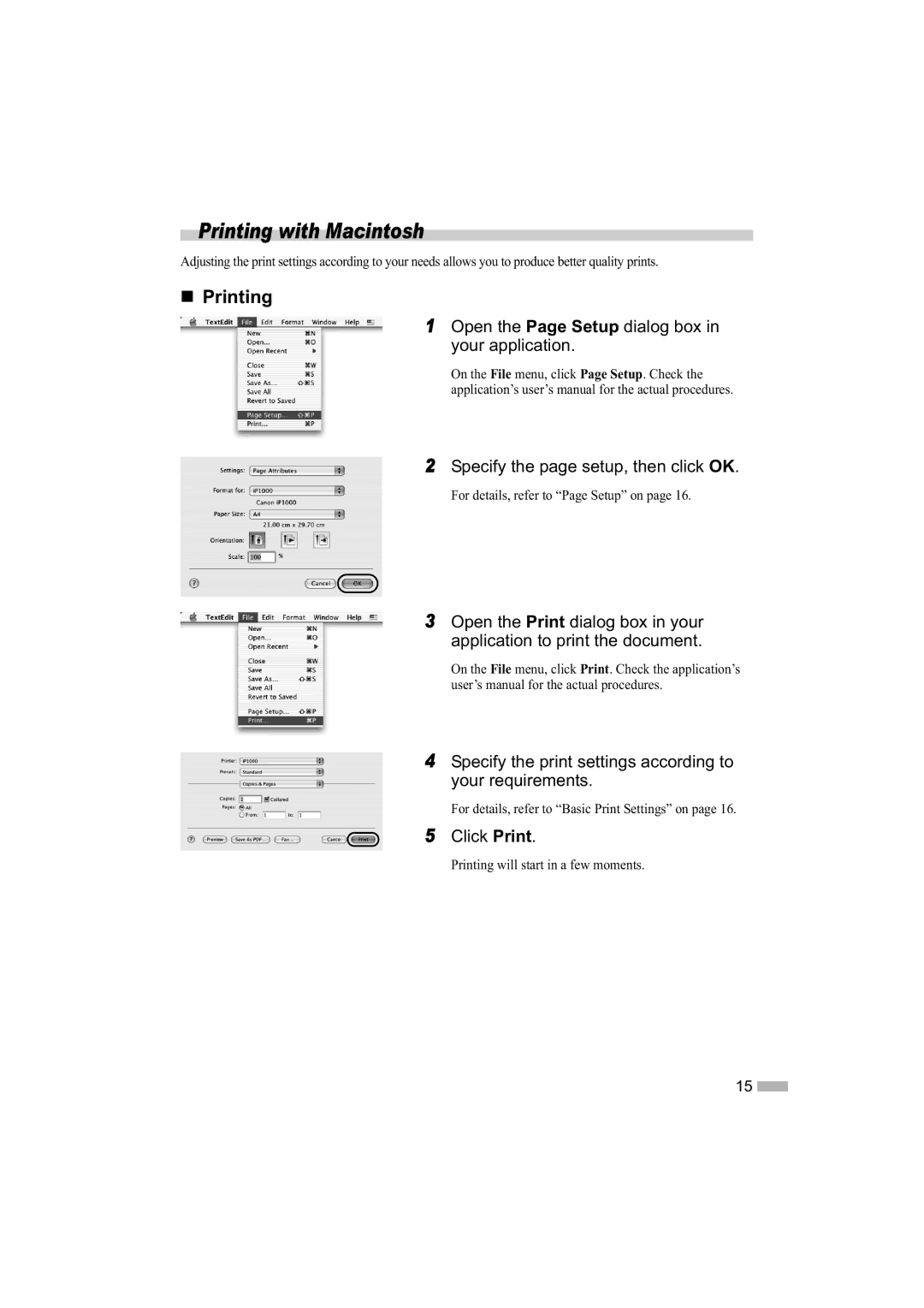 Canon IP1000 quick start Printing with Macintosh, Open the Page Setup dialog box in your application, Click Print 