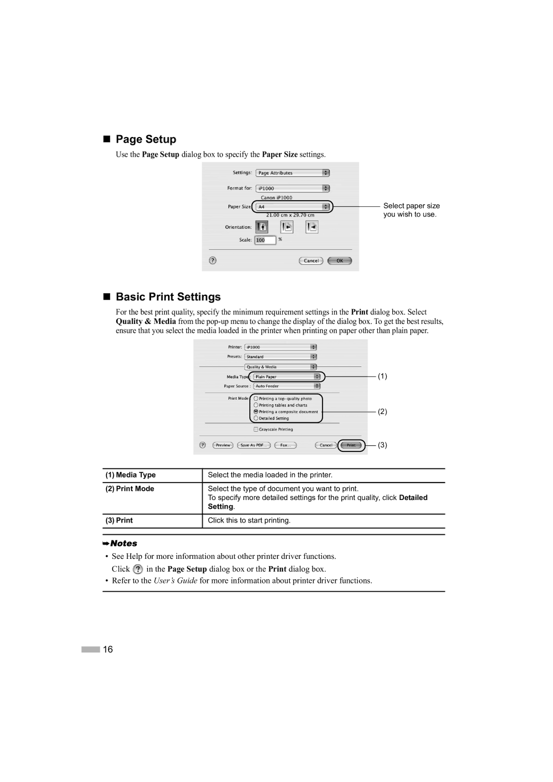 Canon IP1000 quick start „ Page Setup, Print Mode 