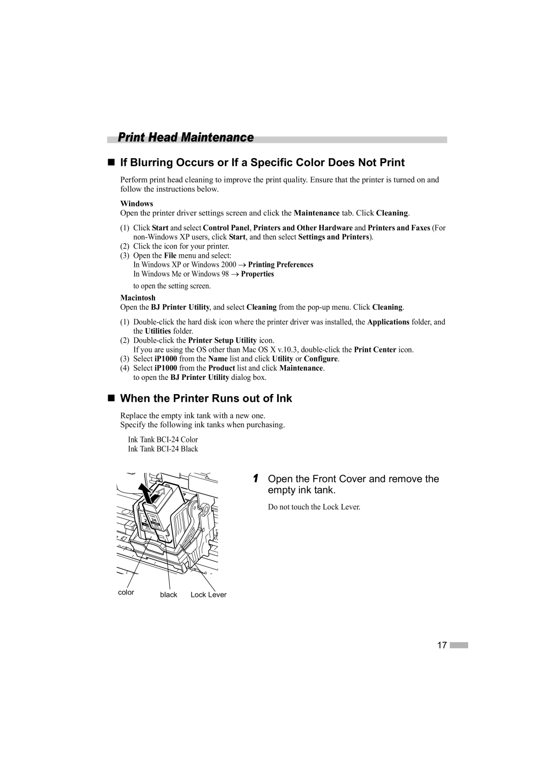 Canon IP1000 quick start Print Head Maintenance, „ If Blurring Occurs or If a Specific Color Does Not Print 