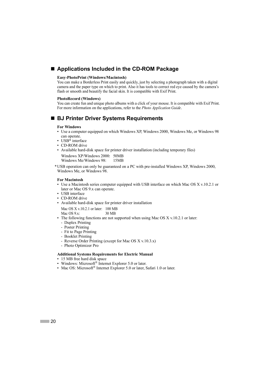 Canon IP1000 quick start „ Applications Included in the CD-ROM Package, „ BJ Printer Driver Systems Requirements 