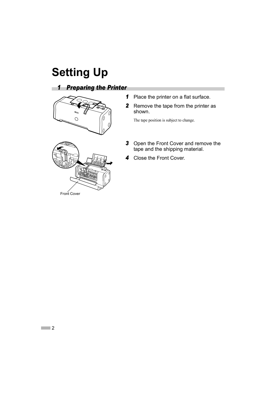 Canon IP1000 quick start Setting Up, Remove the tape from the printer as shown 