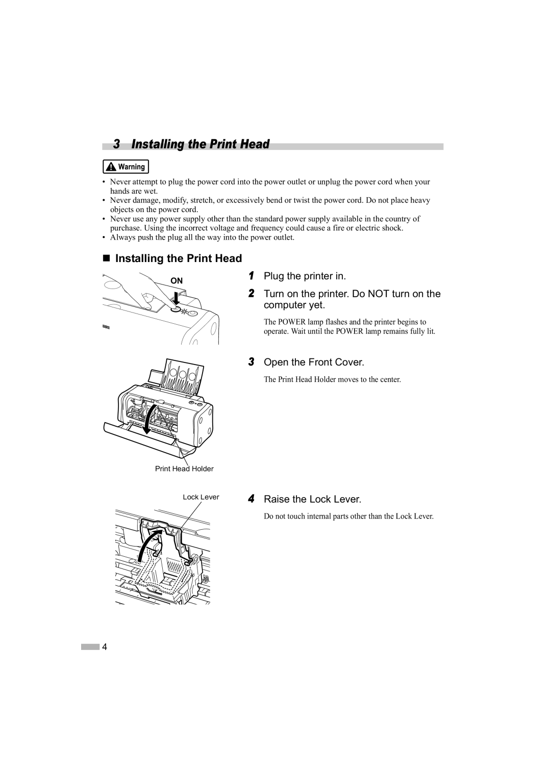 Canon IP1000 quick start „ Installing the Print Head, Open the Front Cover, Raise the Lock Lever 