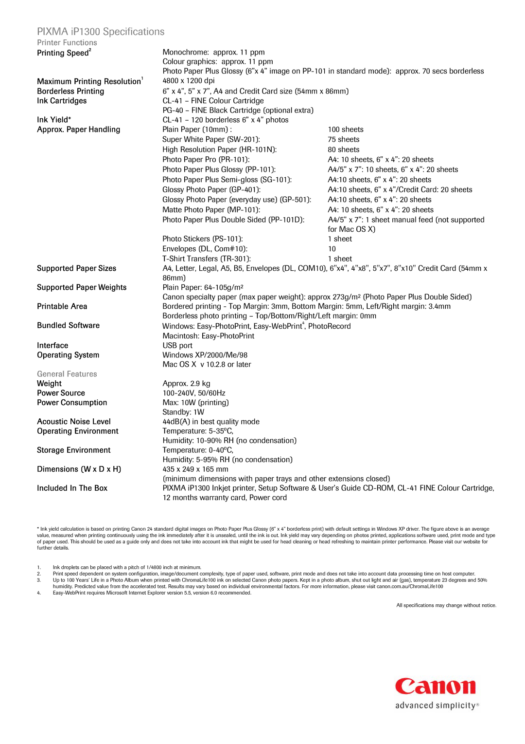 Canon IP1300 manual Printer Functions, General Features 