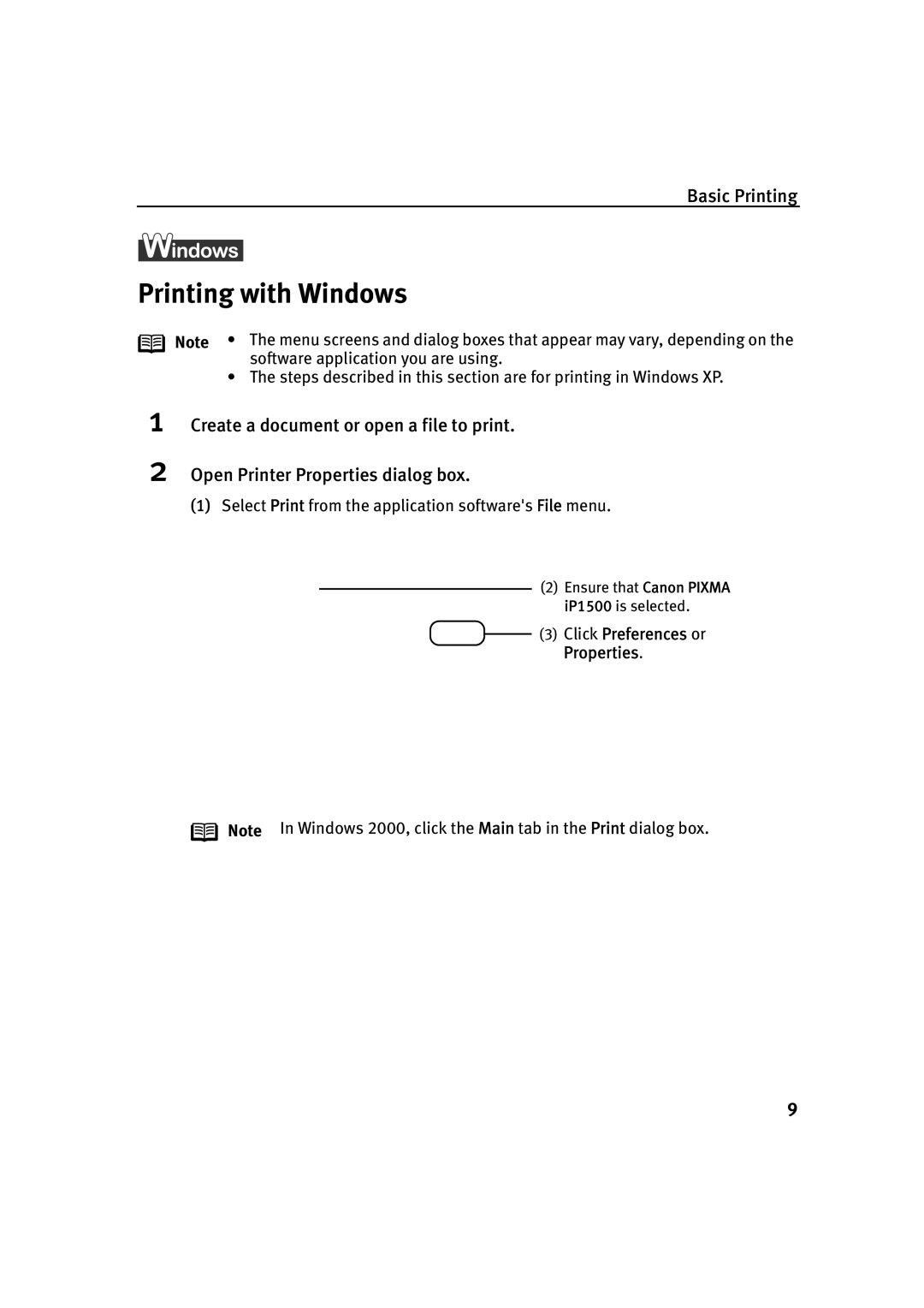 Canon IP1500 quick start Printing with Windows, Click Preferences or Properties 