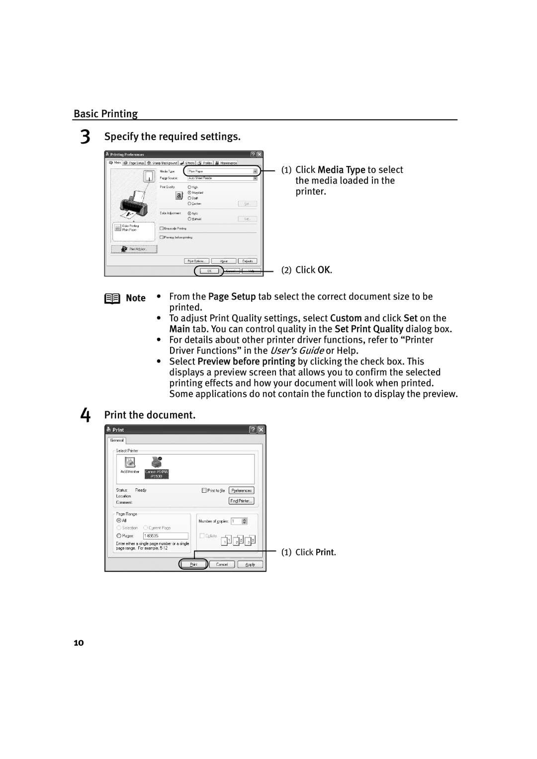 Canon IP1500 quick start Basic Printing Specify the required settings, Print the document 