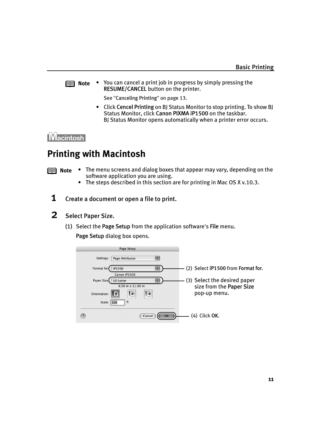 Canon IP1500 quick start Printing with Macintosh, Create a document or open a file to print Select Paper Size 