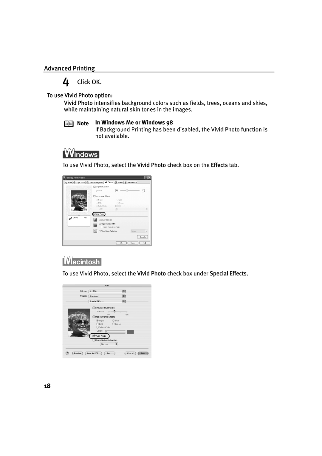Canon IP1500 quick start Advanced Printing Click OK, To use Vivid Photo option 