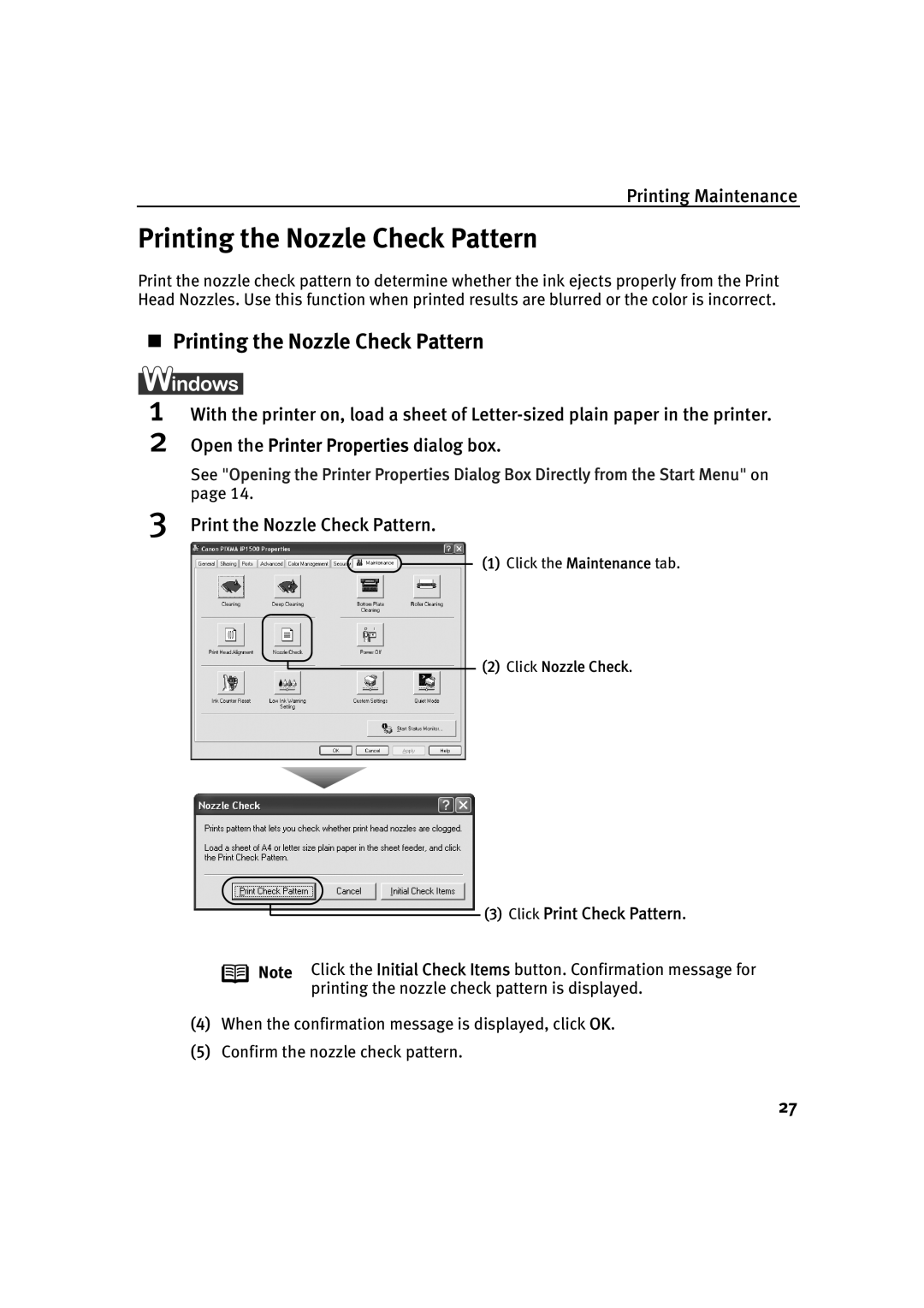 Canon IP1500 quick start „ Printing the Nozzle Check Pattern, Print the Nozzle Check Pattern, Click Print Check Pattern 