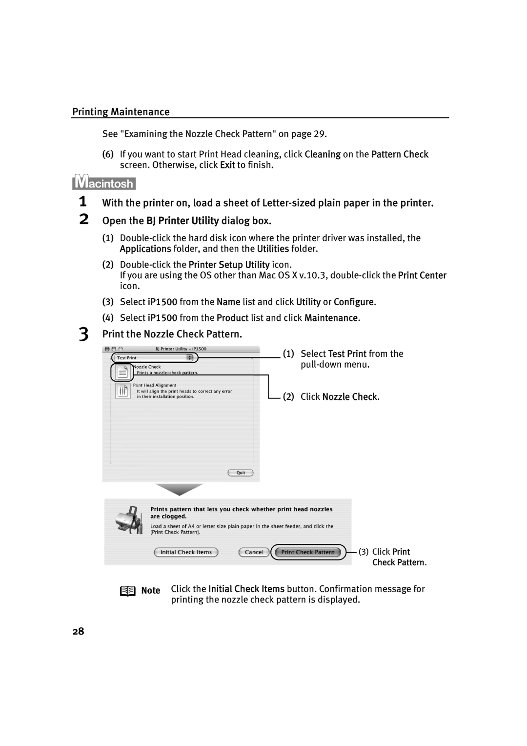Canon IP1500 quick start See Examining the Nozzle Check Pattern on, Click Nozzle Check 