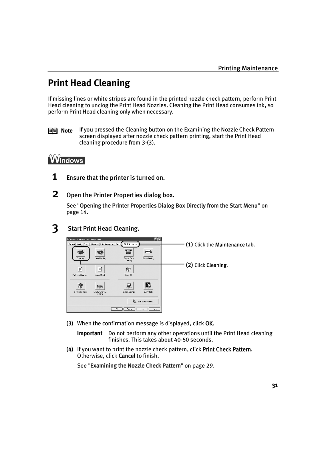 Canon IP1500 quick start Start Print Head Cleaning 