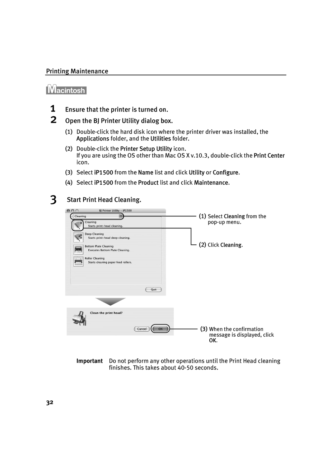 Canon IP1500 quick start Select Cleaning from the pop-up menu 