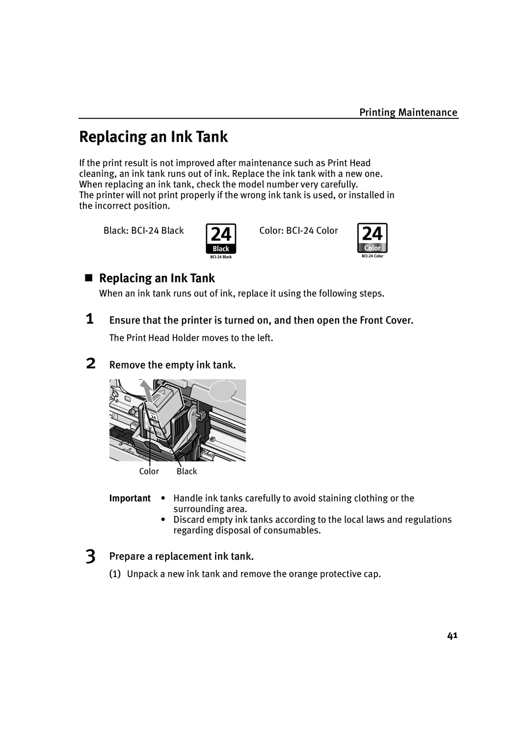 Canon IP1500 quick start „ Replacing an Ink Tank, Remove the empty ink tank, Prepare a replacement ink tank 