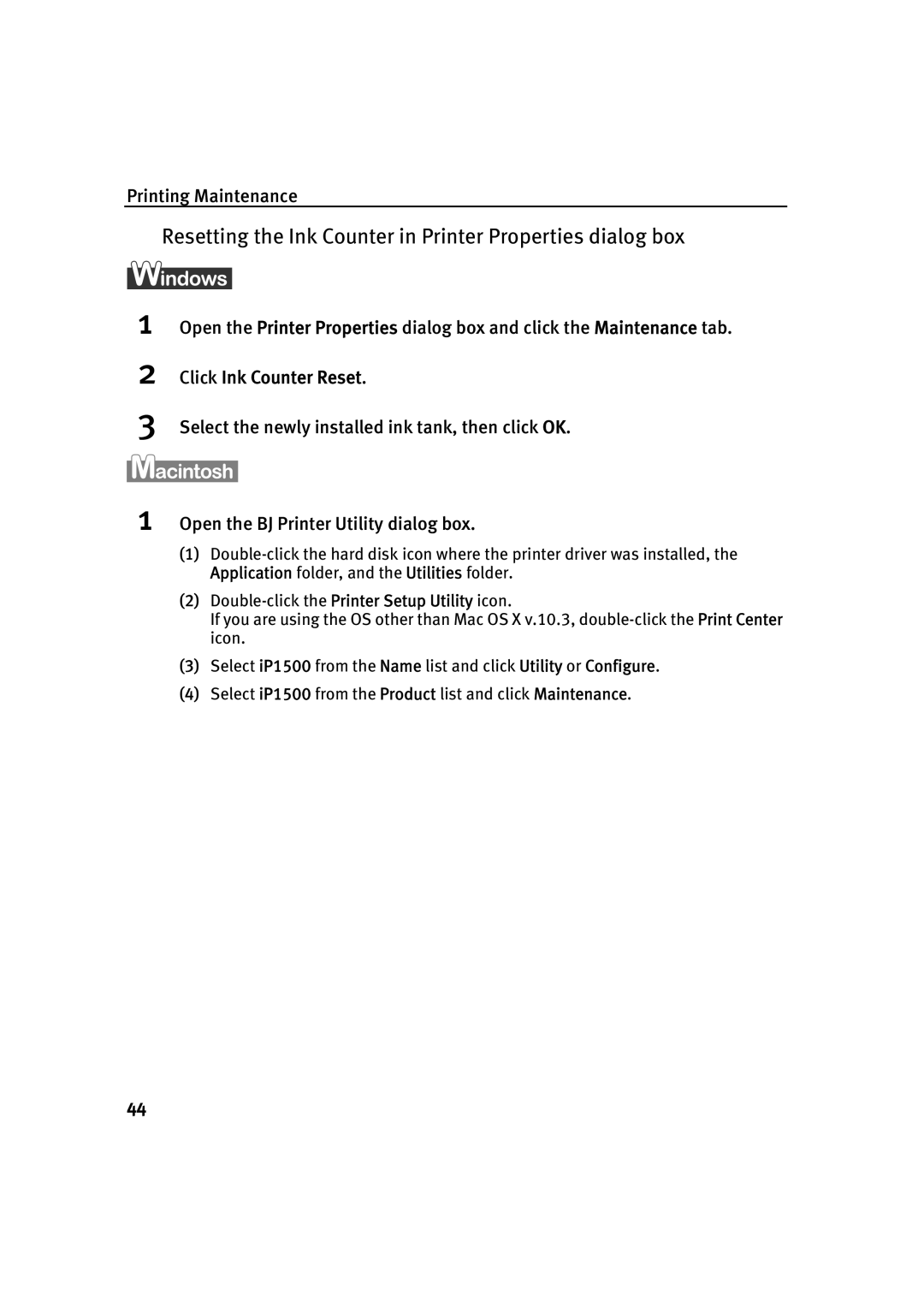 Canon IP1500 quick start Resetting the Ink Counter in Printer Properties dialog box 