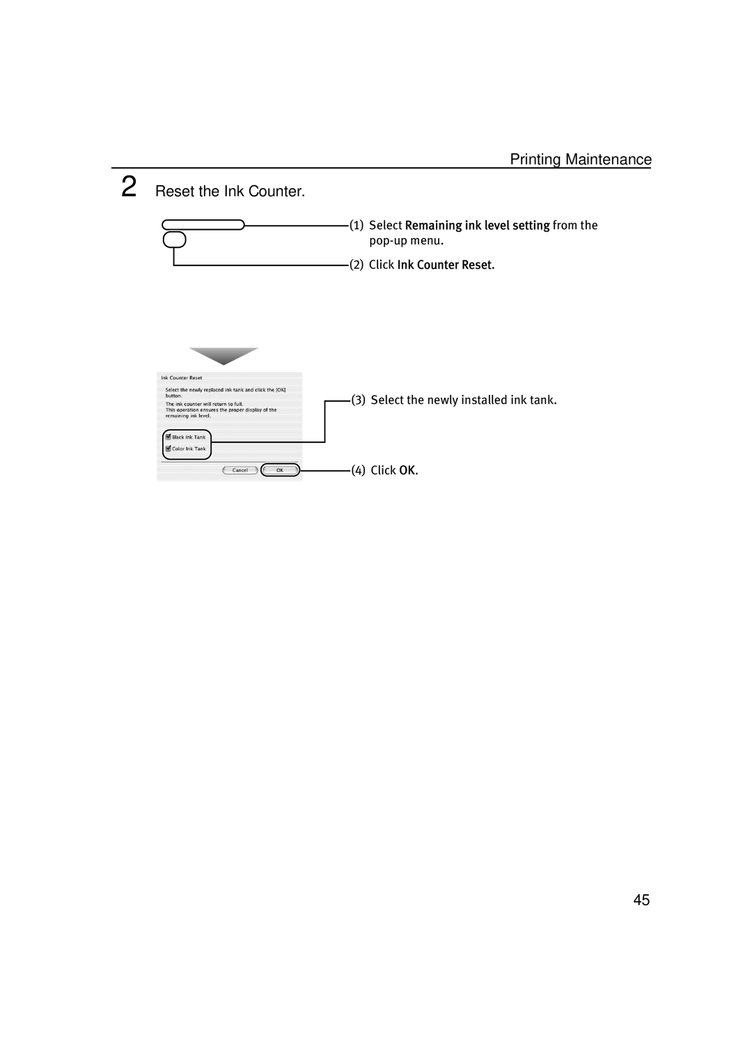 Canon IP1500 quick start Printing Maintenance Reset the Ink Counter 