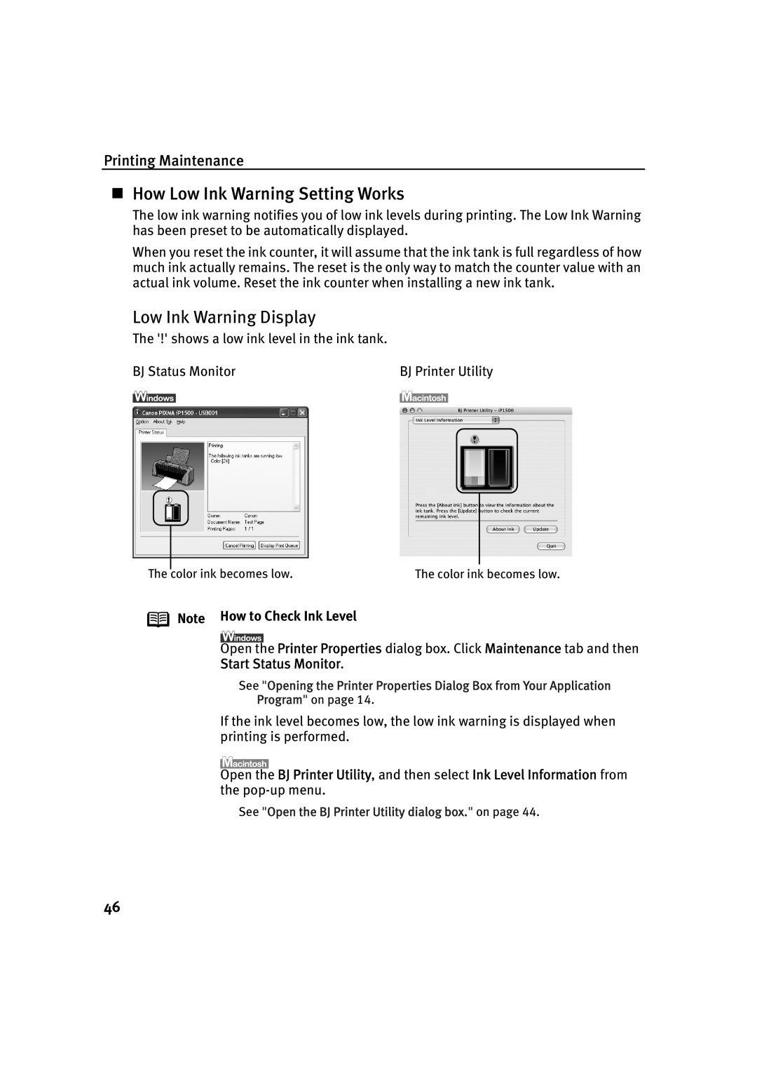 Canon IP1500 quick start „ How Low Ink Warning Setting Works, Low Ink Warning Display 