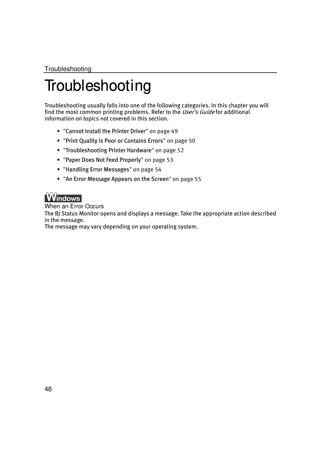 Canon IP1500 quick start Troubleshooting, When an Error Occurs 