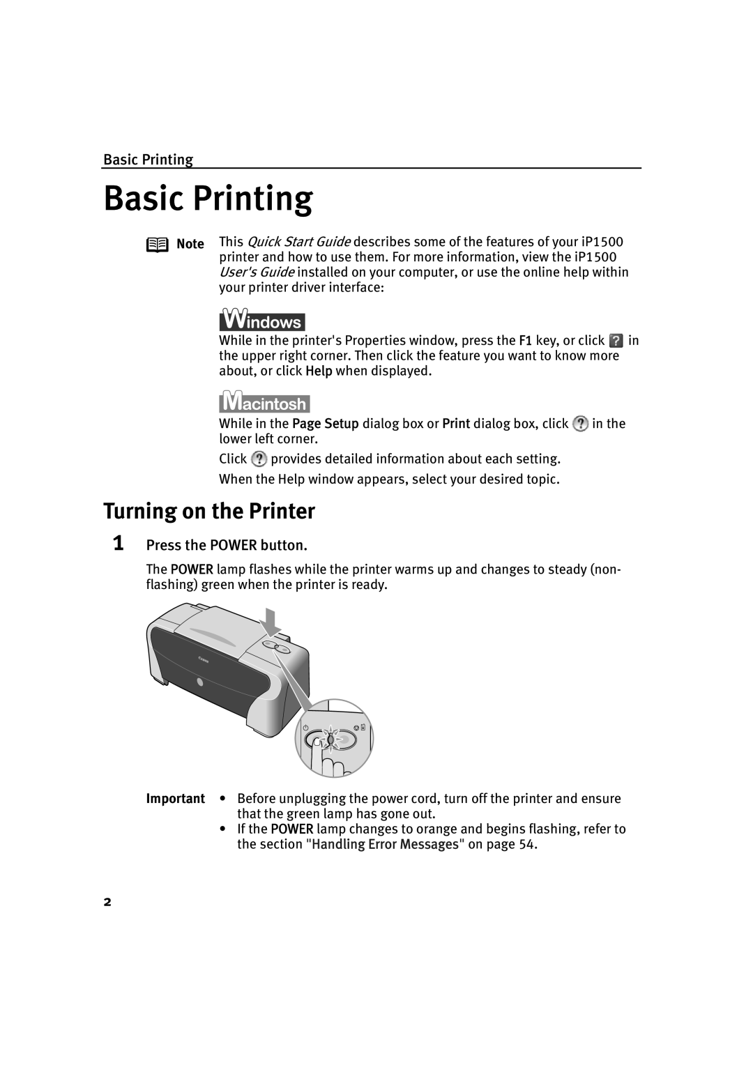 Canon IP1500 quick start Turning on the Printer, Basic Printing, Press the Power button 