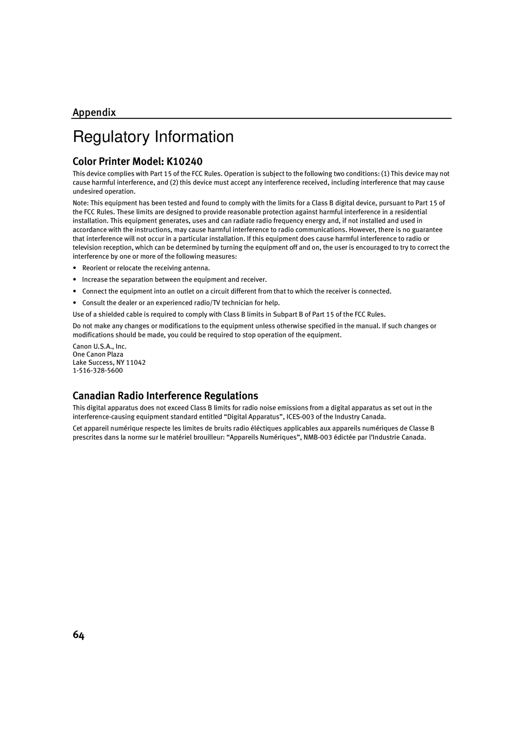 Canon IP1500 quick start Regulatory Information, Color Printer Model K10240 
