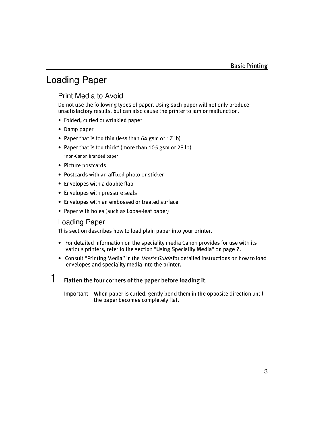 Canon IP1500 „ Print Media to Avoid, „ Loading Paper, Flatten the four corners of the paper before loading it 