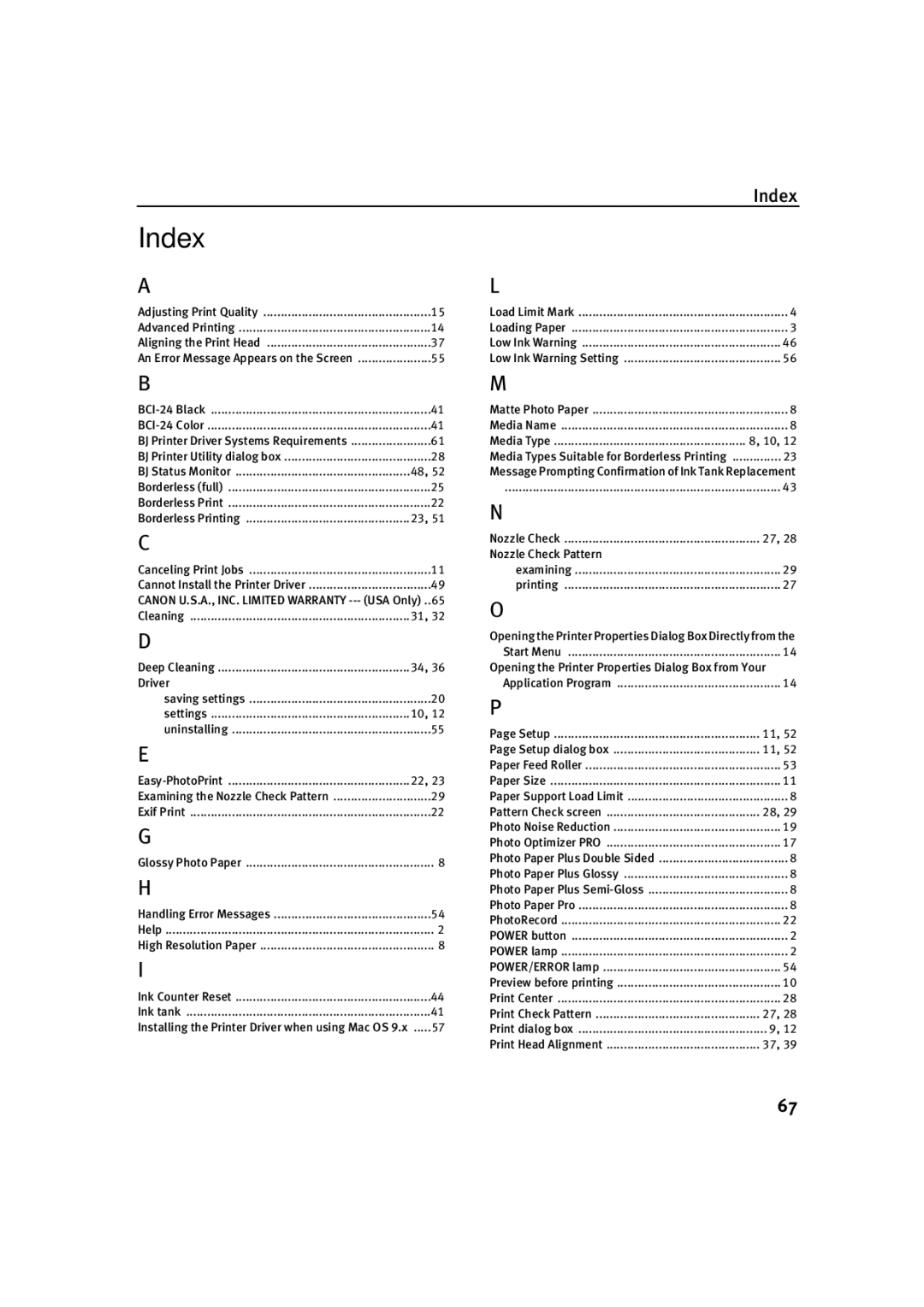 Canon IP1500 quick start Index 