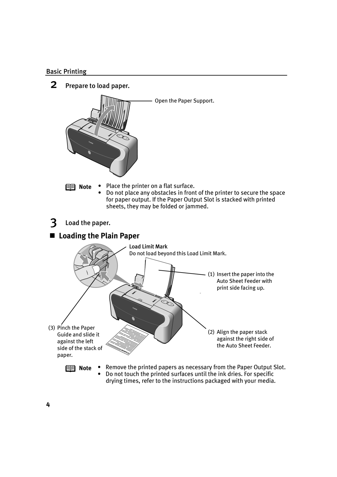 Canon IP1500 quick start „ Loading the Plain Paper, Basic Printing Prepare to load paper, Load the paper 