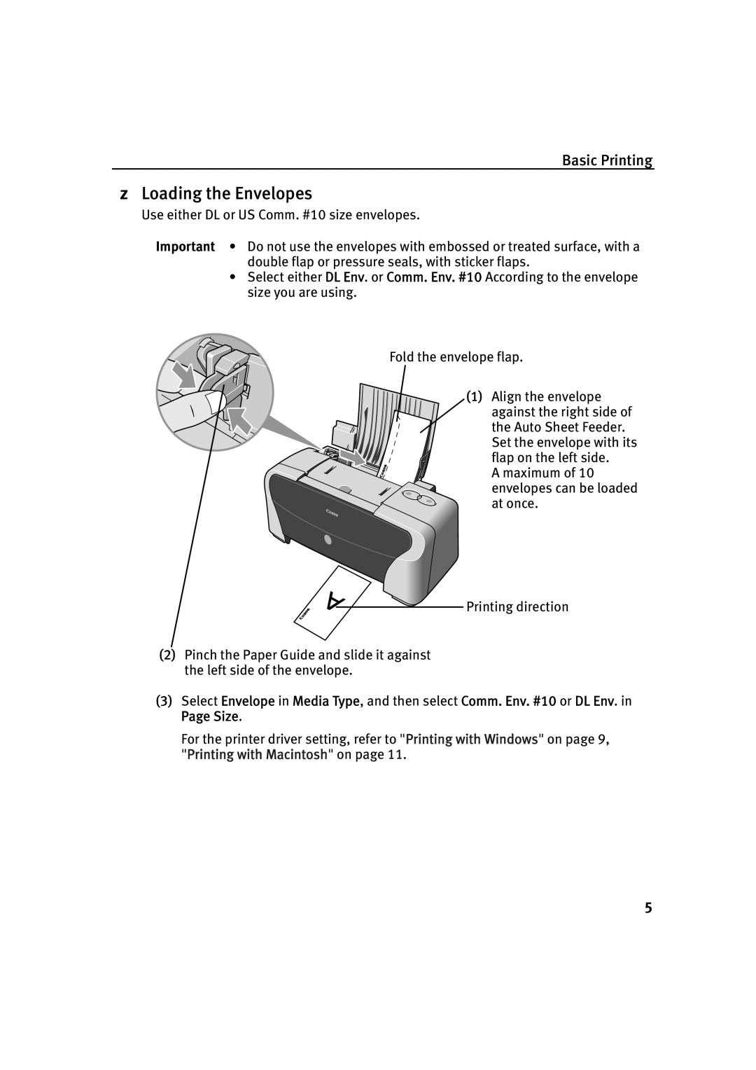 Canon IP1500 quick start „ Loading the Envelopes 