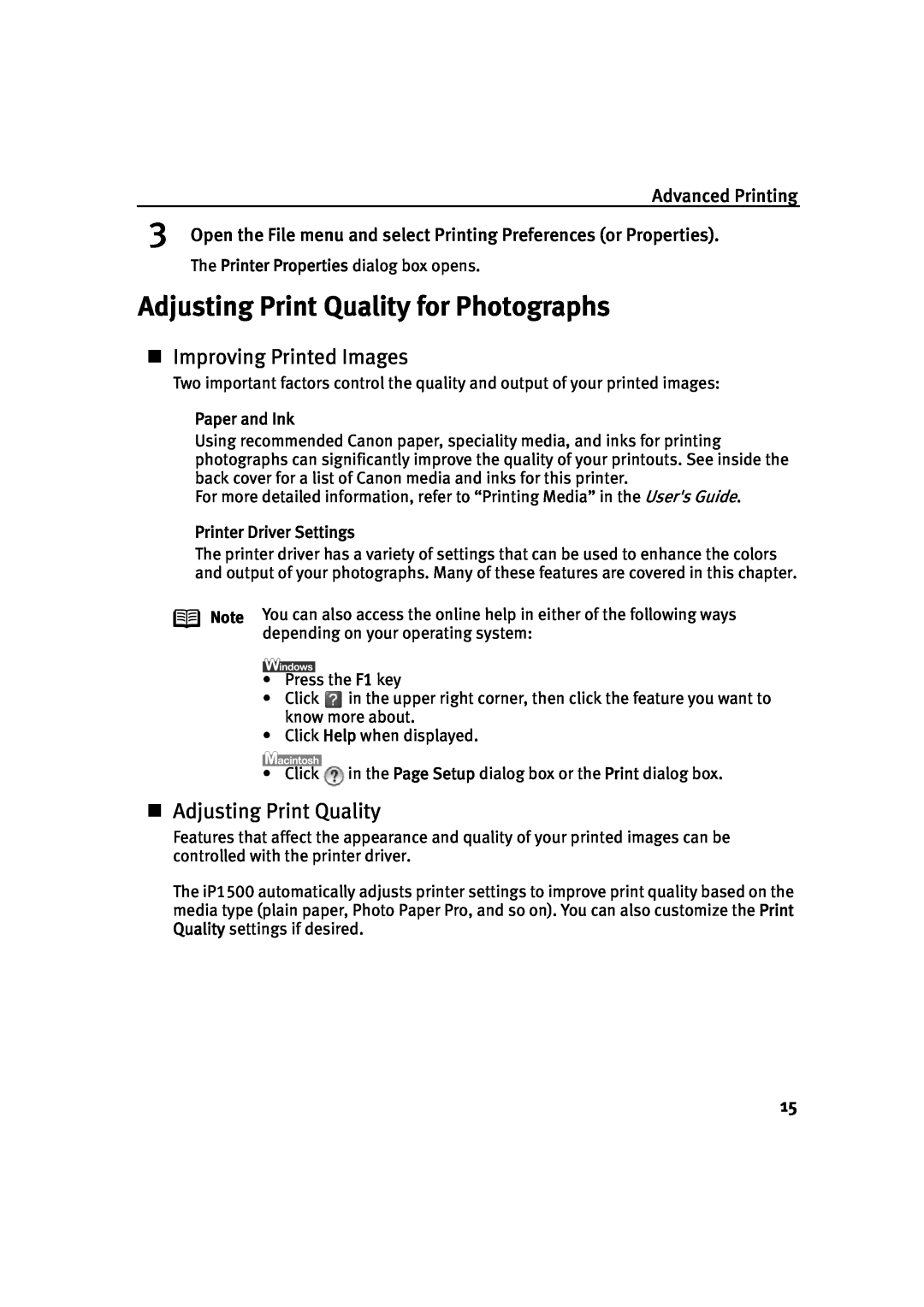 Canon IP1500 quick start Adjusting Print Quality for Photographs, Advanced Printing, Paper and Ink, Printer Driver Settings 