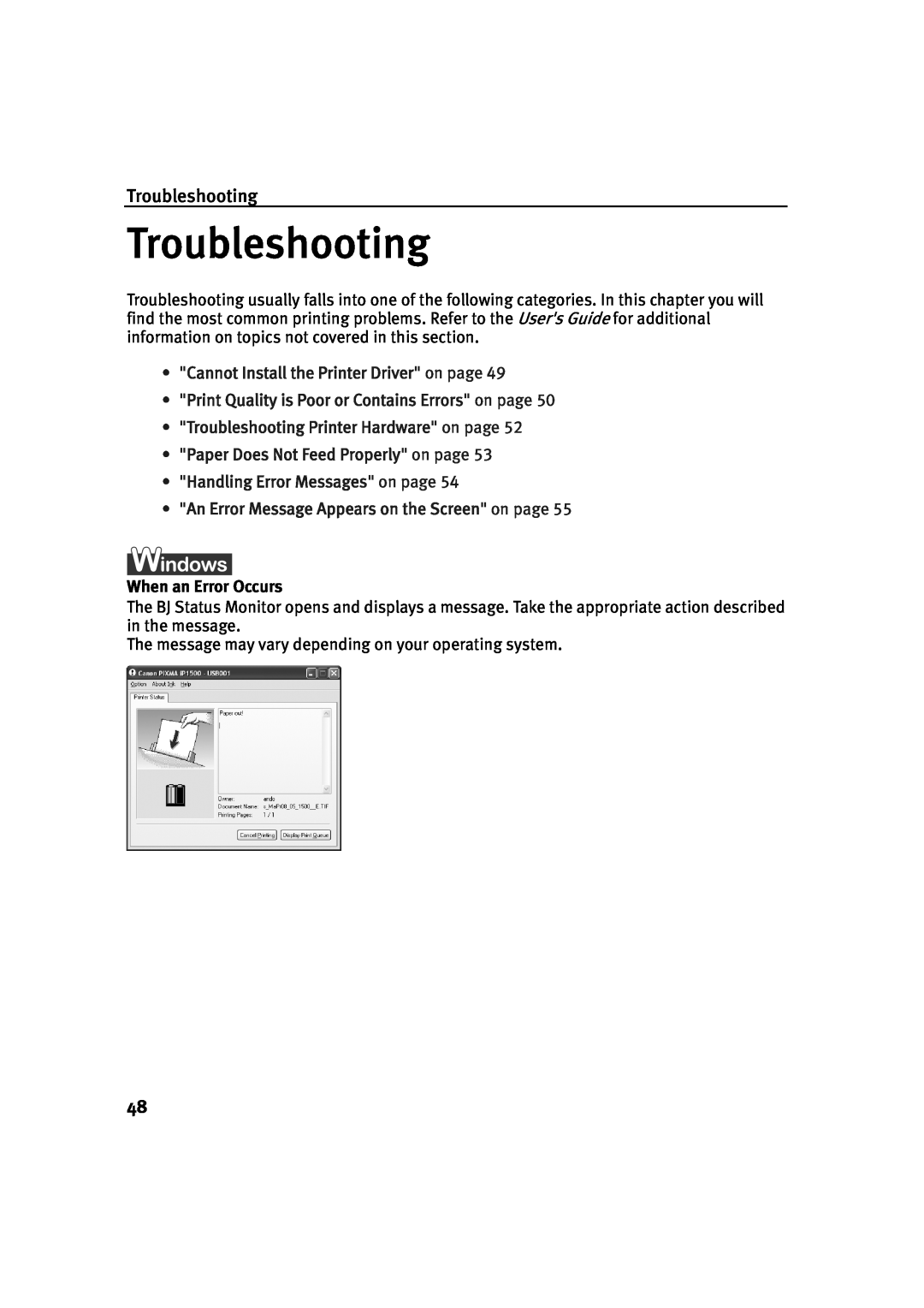Canon IP1500 Troubleshooting, Cannot Install the Printer Driver on page, Print Quality is Poor or Contains Errors on page 