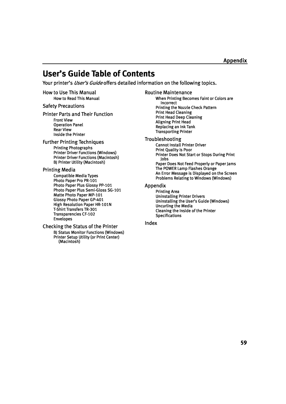 Canon IP1500 quick start User’s Guide Table of Contents, Appendix 