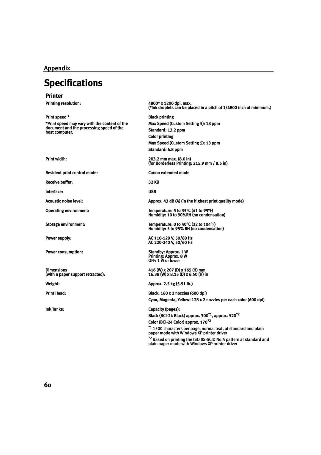 Canon IP1500 quick start Specifications, Appendix, Printer 