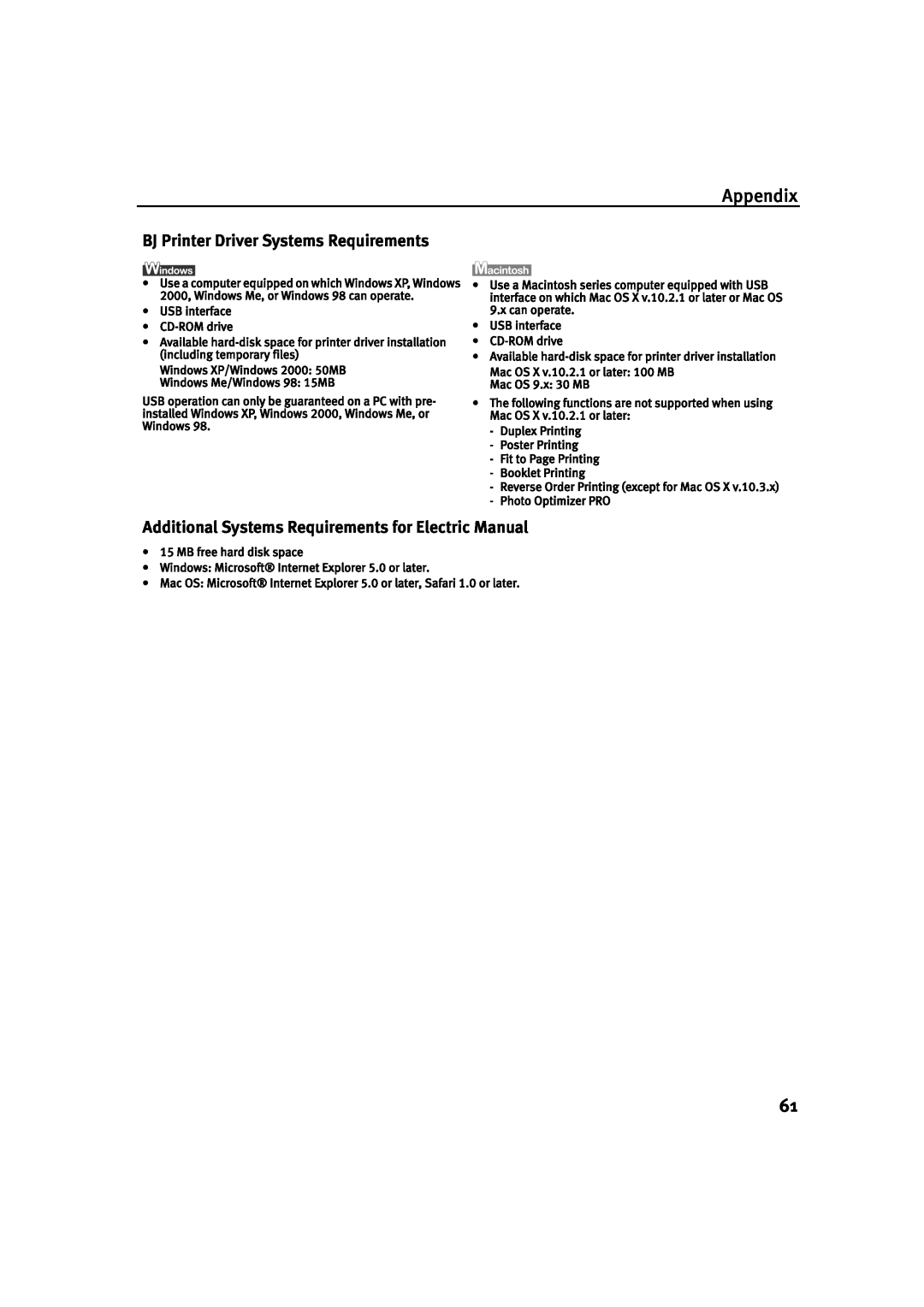 Canon IP1500 Appendix, BJ Printer Driver Systems Requirements, Additional Systems Requirements for Electric Manual 
