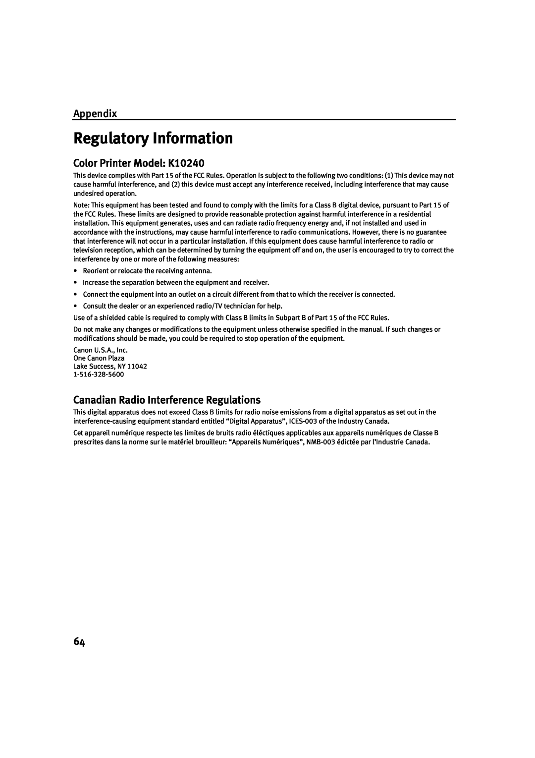 Canon IP1500 Regulatory Information, Appendix, Color Printer Model K10240, Canadian Radio Interference Regulations 