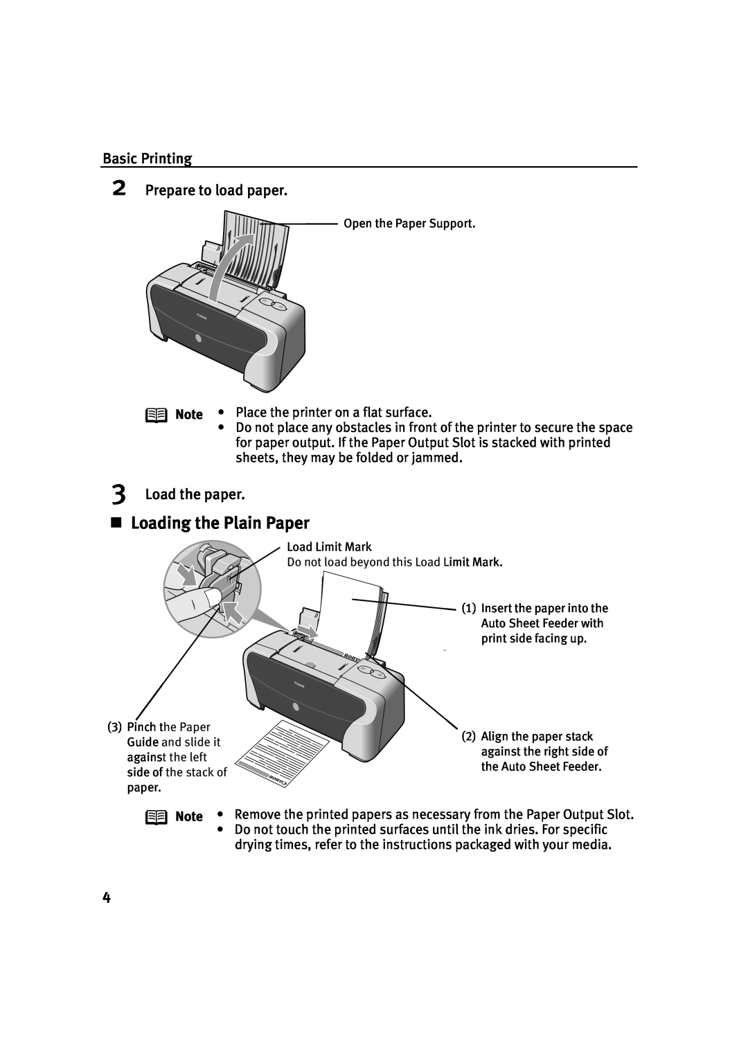 Canon IP1500 quick start „ Loading the Plain Paper, Basic Printing, Prepare to load paper, Load the paper 