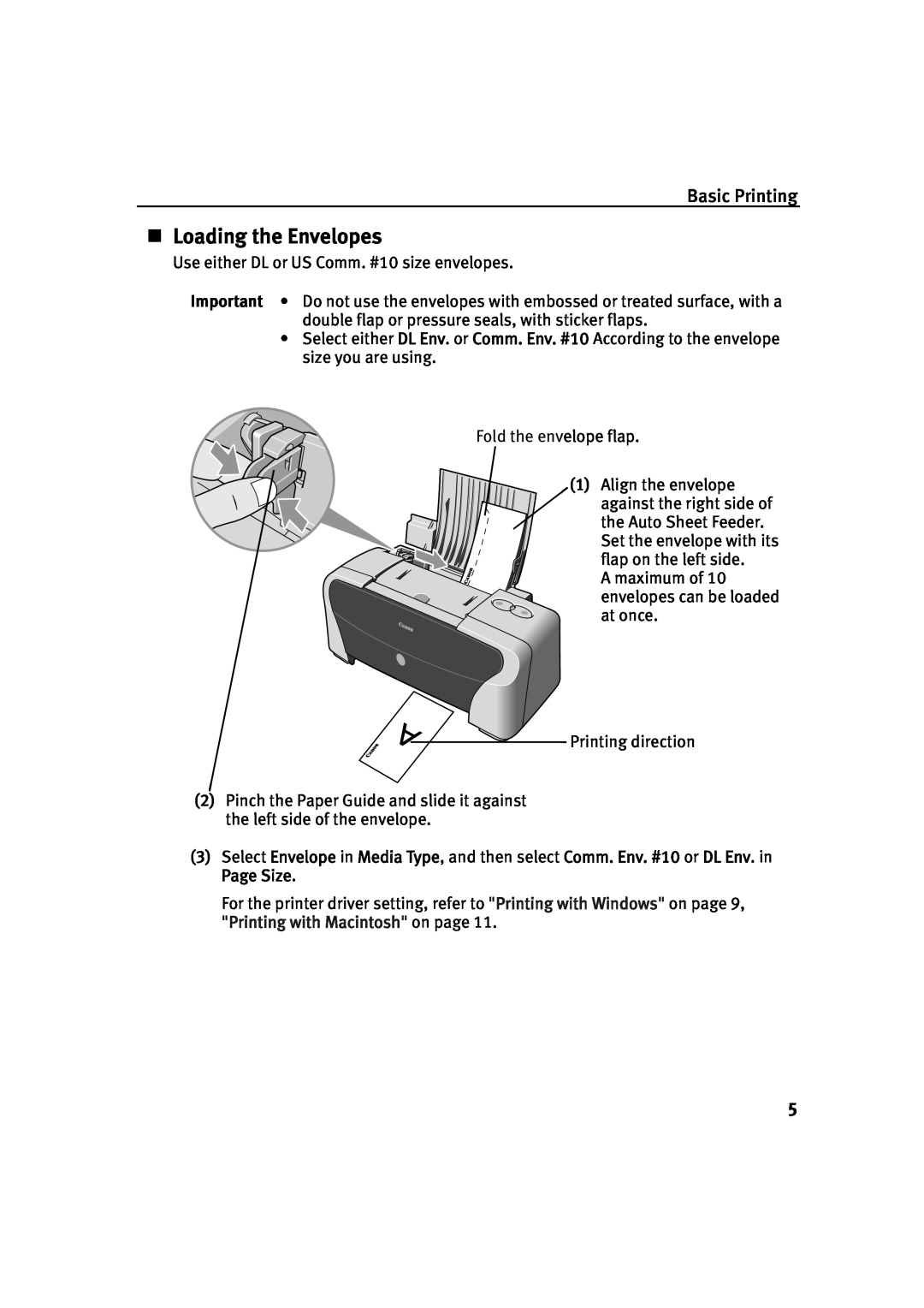 Canon IP1500 quick start „ Loading the Envelopes, Basic Printing 