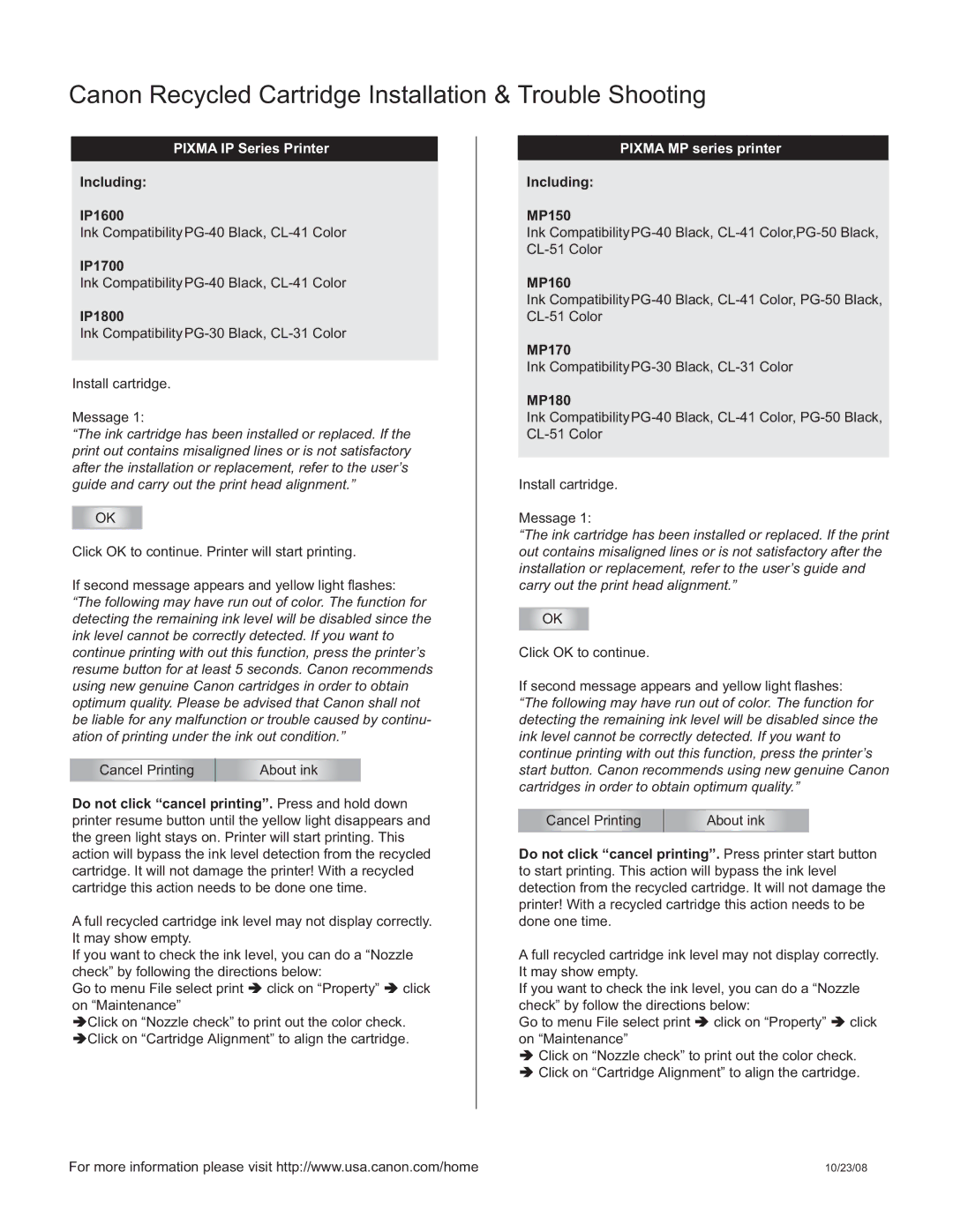 Canon IP1600 manual Canon Recycled Cartridge Installation & Trouble Shooting, Pixma IP Series Printer 