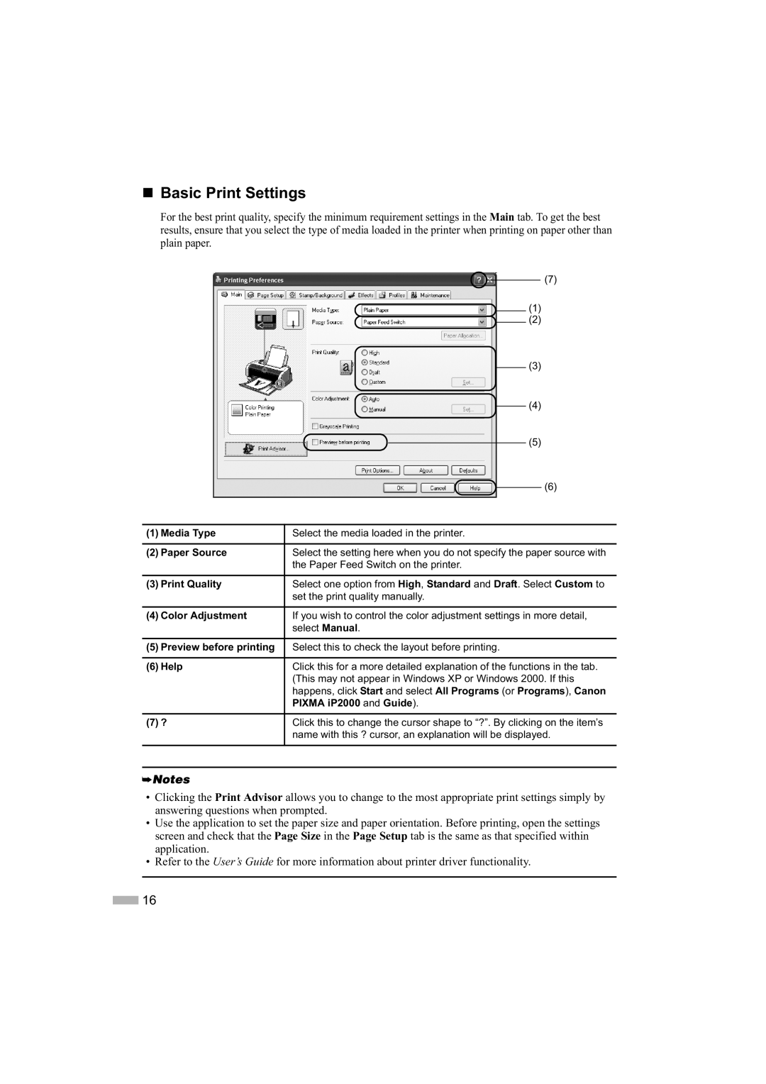 Canon IP2000 quick start „ Basic Print Settings, Paper Source 