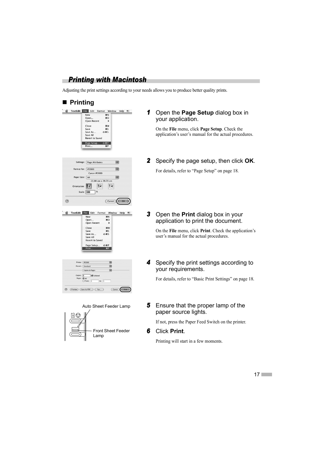 Canon IP2000 quick start Printing with Macintosh, Open the Page Setup dialog box in your application, Click Print 