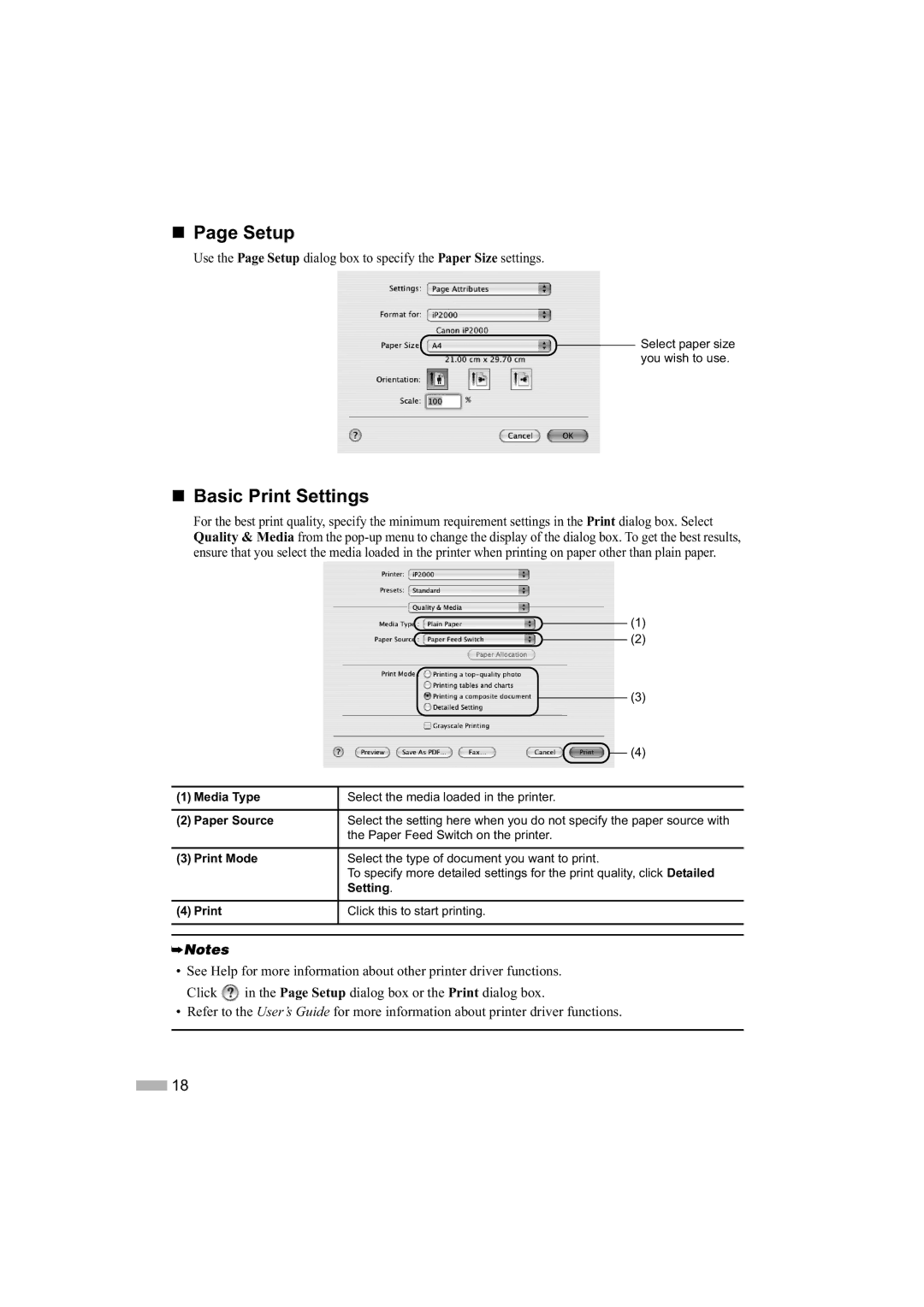 Canon IP2000 quick start „ Page Setup, Print Mode 