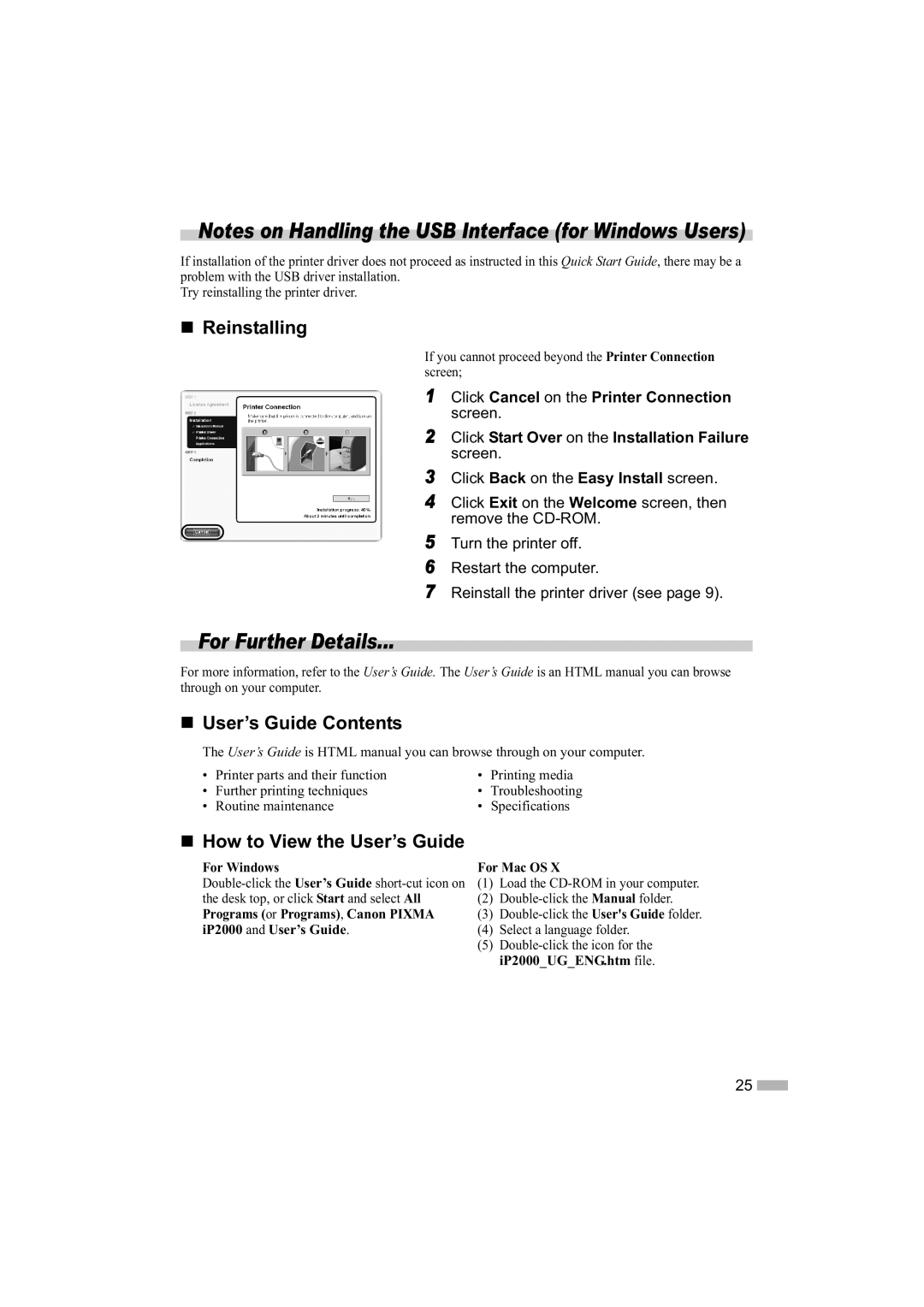 Canon IP2000 quick start For Further Details, „ Reinstalling, „ User’s Guide Contents, „ How to View the User’s Guide 