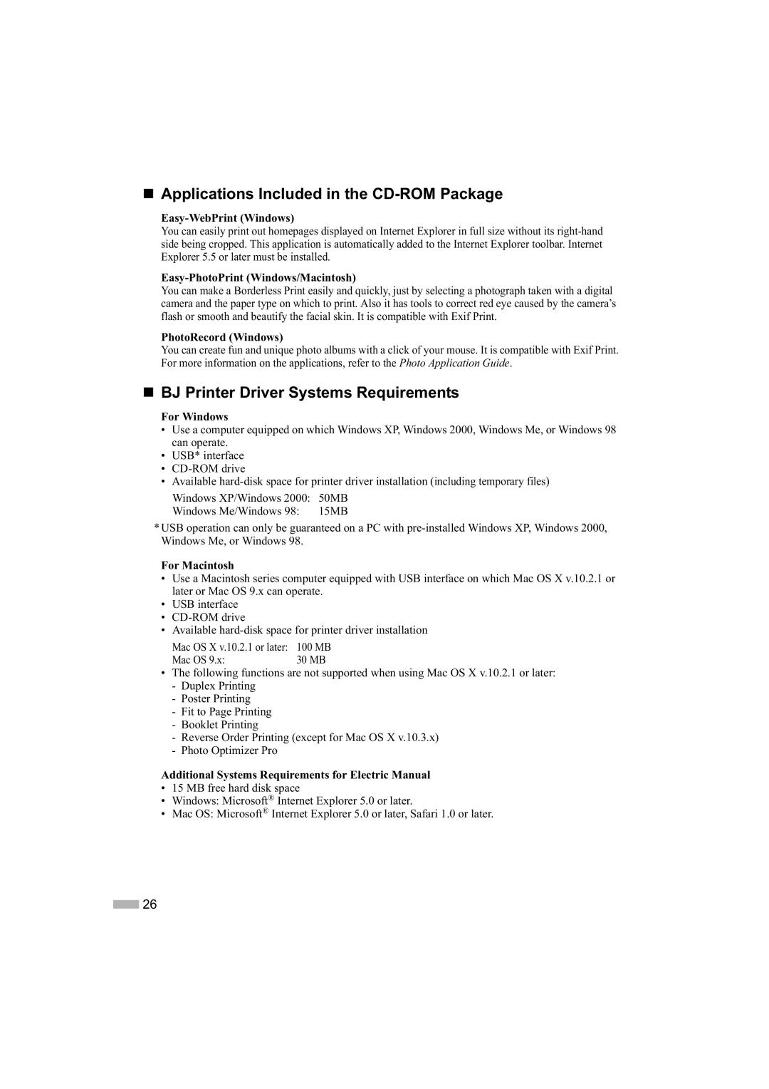 Canon IP2000 quick start „ Applications Included in the CD-ROM Package, „ BJ Printer Driver Systems Requirements 